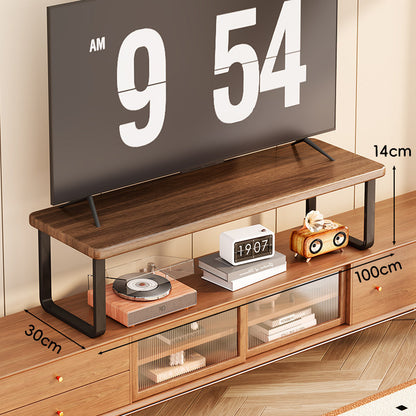Breite Holz-TV-Ständer mit Metall-U-Beinen und erhöhter Ablage