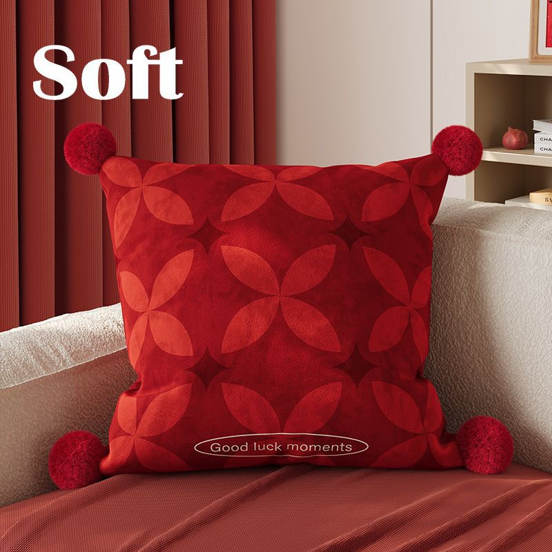 Decorative Velvet Square Throw Pillow with Corner Pom-Poms and Geometric Floral Emboss