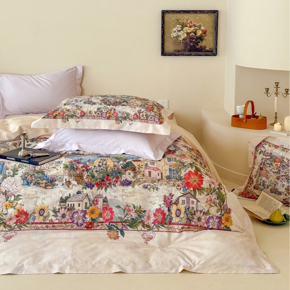 Umkehrbare Baumwollsatin Bettbezugset mit romantischem Aquarelldorf-Blumenmuster und Oxford-Kissenbezügen