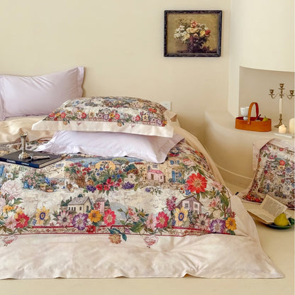 Umkehrbare Baumwollsatin Bettbezugset mit romantischem Aquarelldorf-Blumenmuster und Oxford-Kissenbezügen