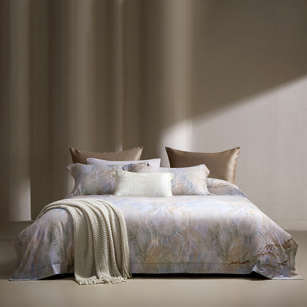 Marmoreffekt Baumwoll-Satin Bettbezug Set mit Strickdecke und Oxford-Kissenbezügen