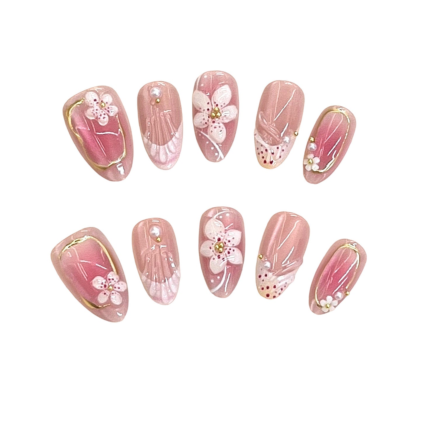 Detailliertes florales Design Press-On Nagelset Brehn