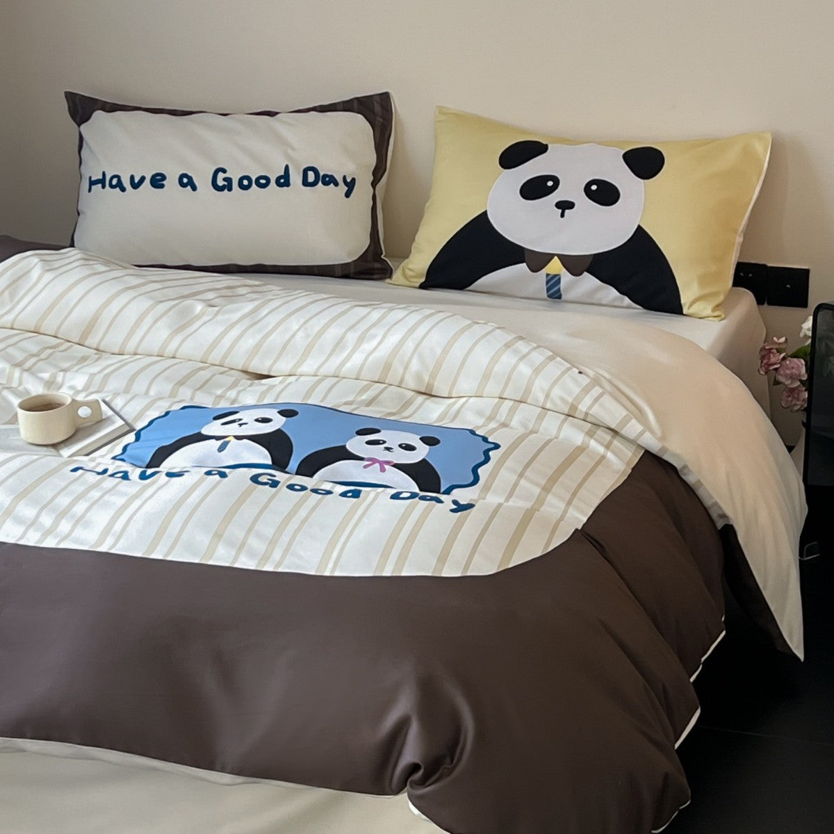 Bettwäsche-Garnitur aus Baumwollsatin mit Teddybär- und Frühstücks-Print