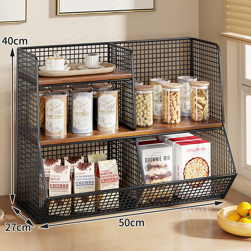 Multi-Ebenen Drahtgitter Arbeitsplatten Vorratsraum Organizer mit Holzregalen und Korb