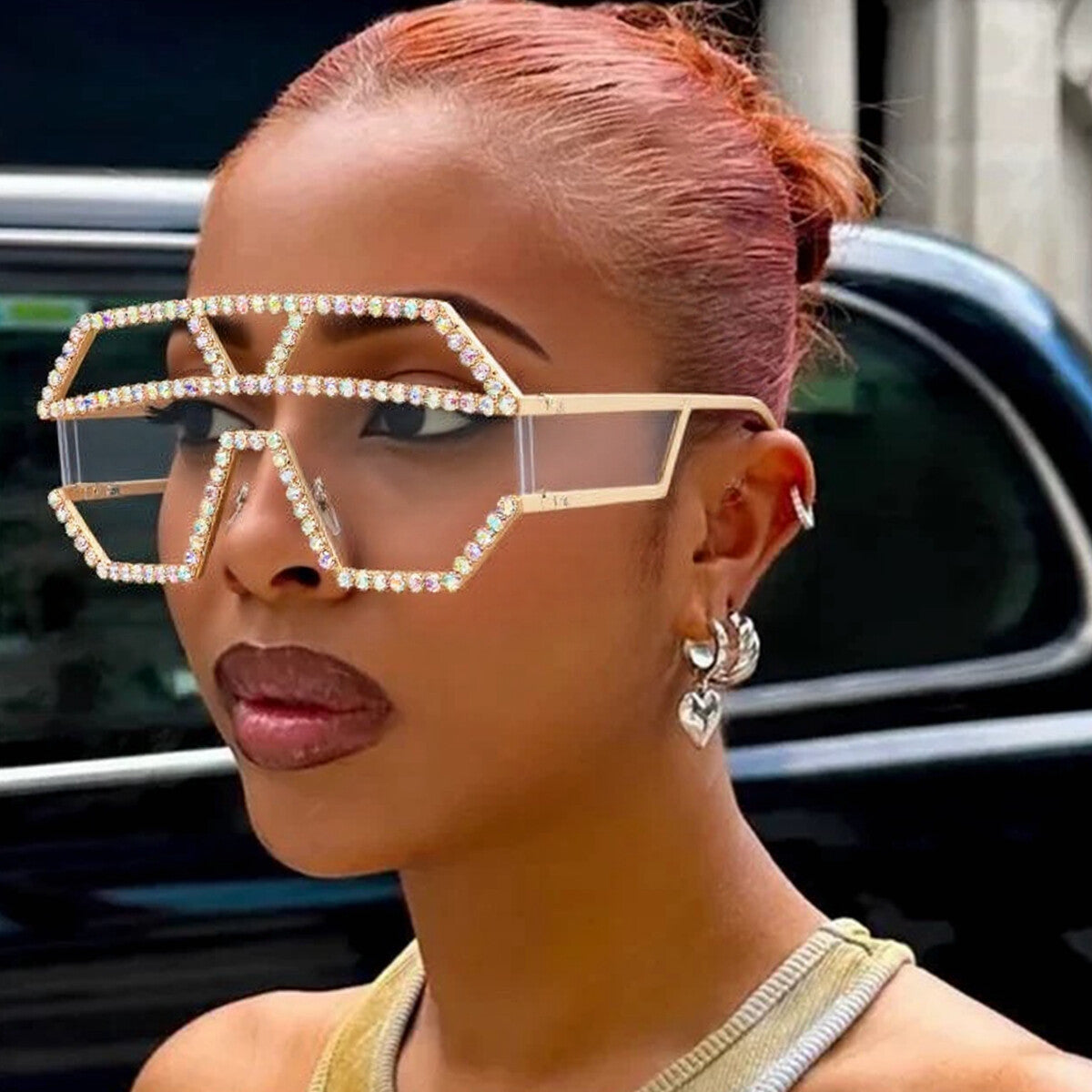 Damen stilvolle Sonnenbrille mit geometrischem Rahmen und Strassverzierung Brehn