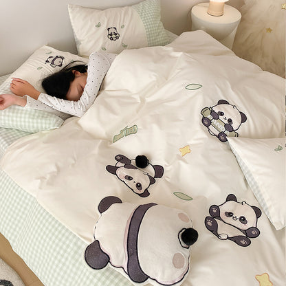 Bettwäsche-Garnitur aus Baumwollsatin mit gestickten Panda-Motiven und Vichykaro-Wendeoption