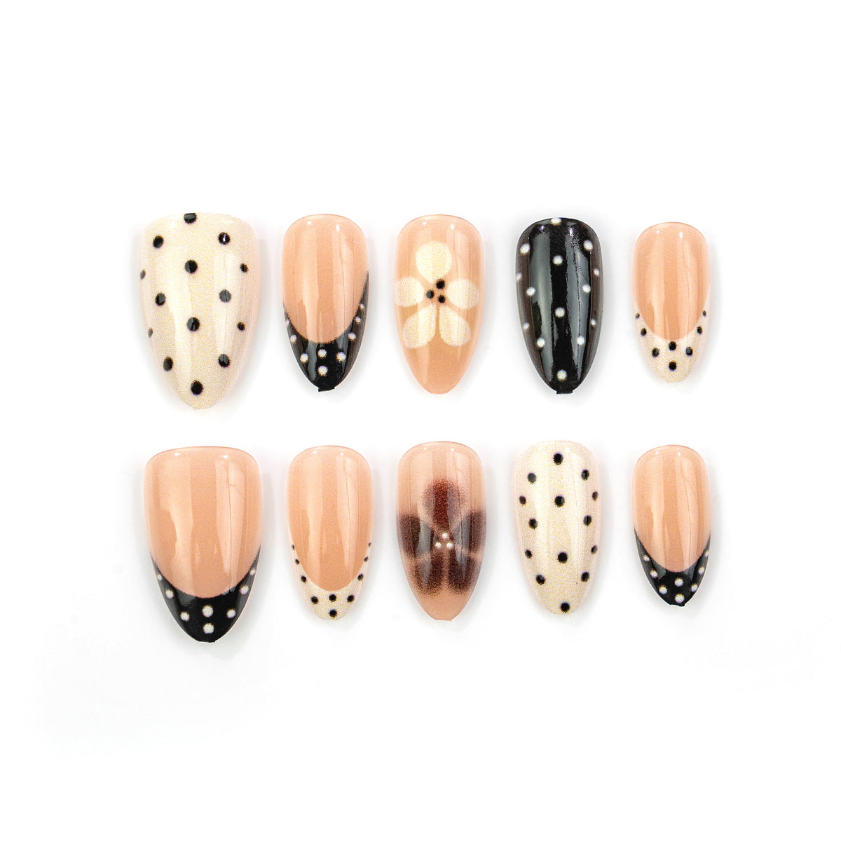 Elegante Spitz-Press-On-Nagelkunst mit Pünktchen- und Ombre-Designs Brehn