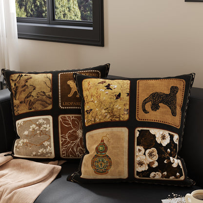 Decorative Patchwork Velvet Throw Pillow Cover with Asian-Inspired Scenic Panels and Metallic Gold Accents