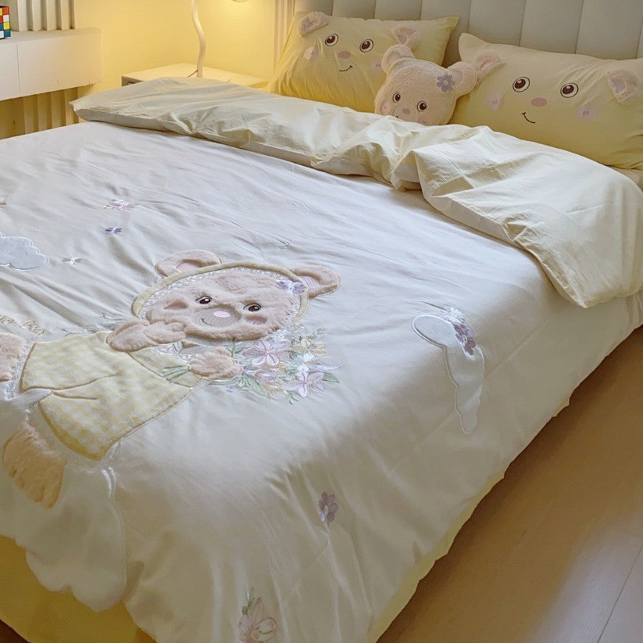 Bestickte Teddy Bettbezug Set mit Plüschapplikation und Karoborte