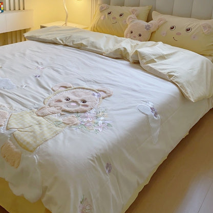 Bestickte Teddy Bettbezug Set mit Plüschapplikation und Karoborte