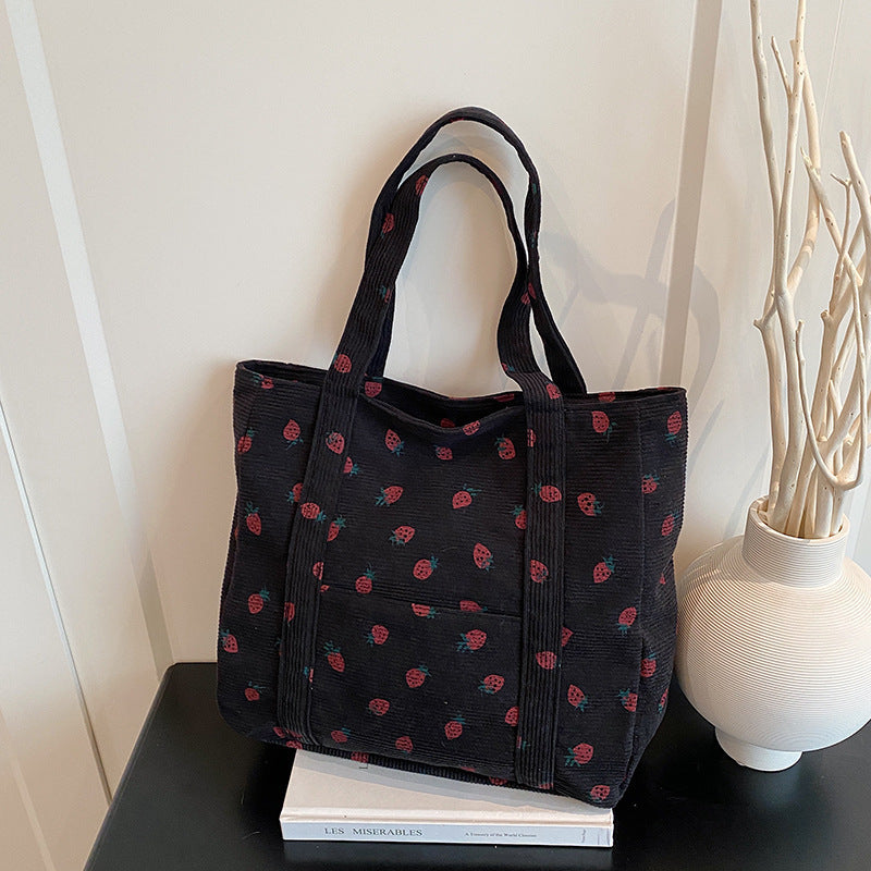 Verspielte Erdbeer-Print Corduroy Tragetasche Brehn