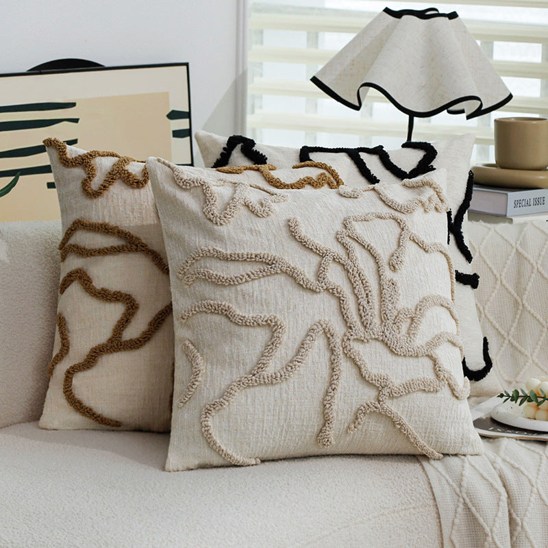 Quadratischer dekorativer Kissenbezug mit erhabenem floralen Chenille‑Tufting und Leinenoptik Brehn