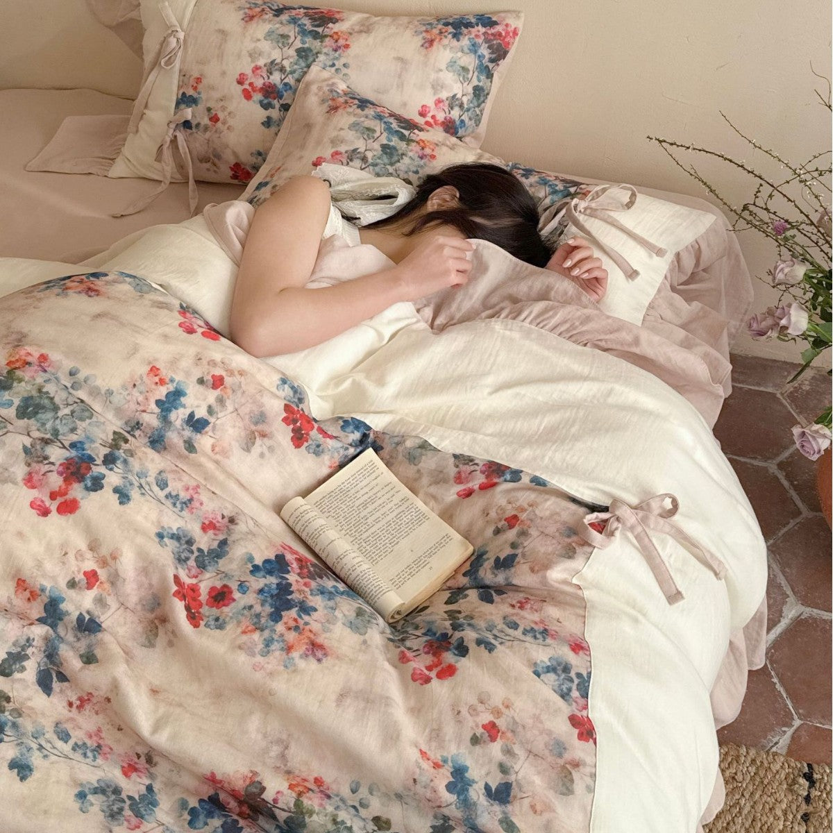 Floral Aquarell Baumwolle Sateen Rüsch Bettbezug Set mit Bindekissenbezügen