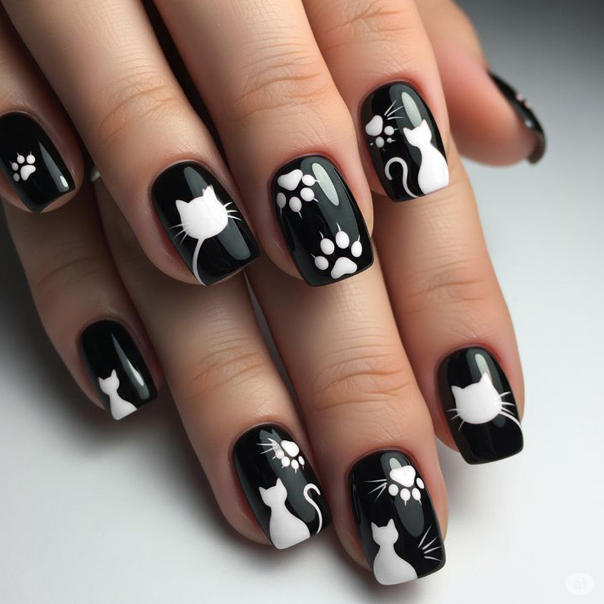 Verspielt katzenmotiviertes Press-On Nagelkunst Brehn