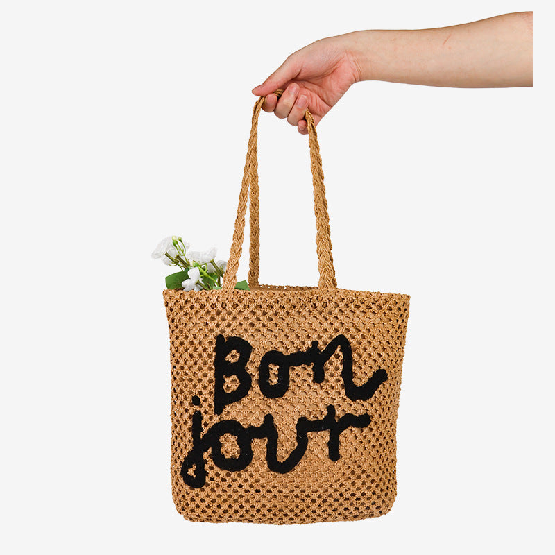 Damen Handgefertigte Strohtasche mit trendy Schriftzug Brehn