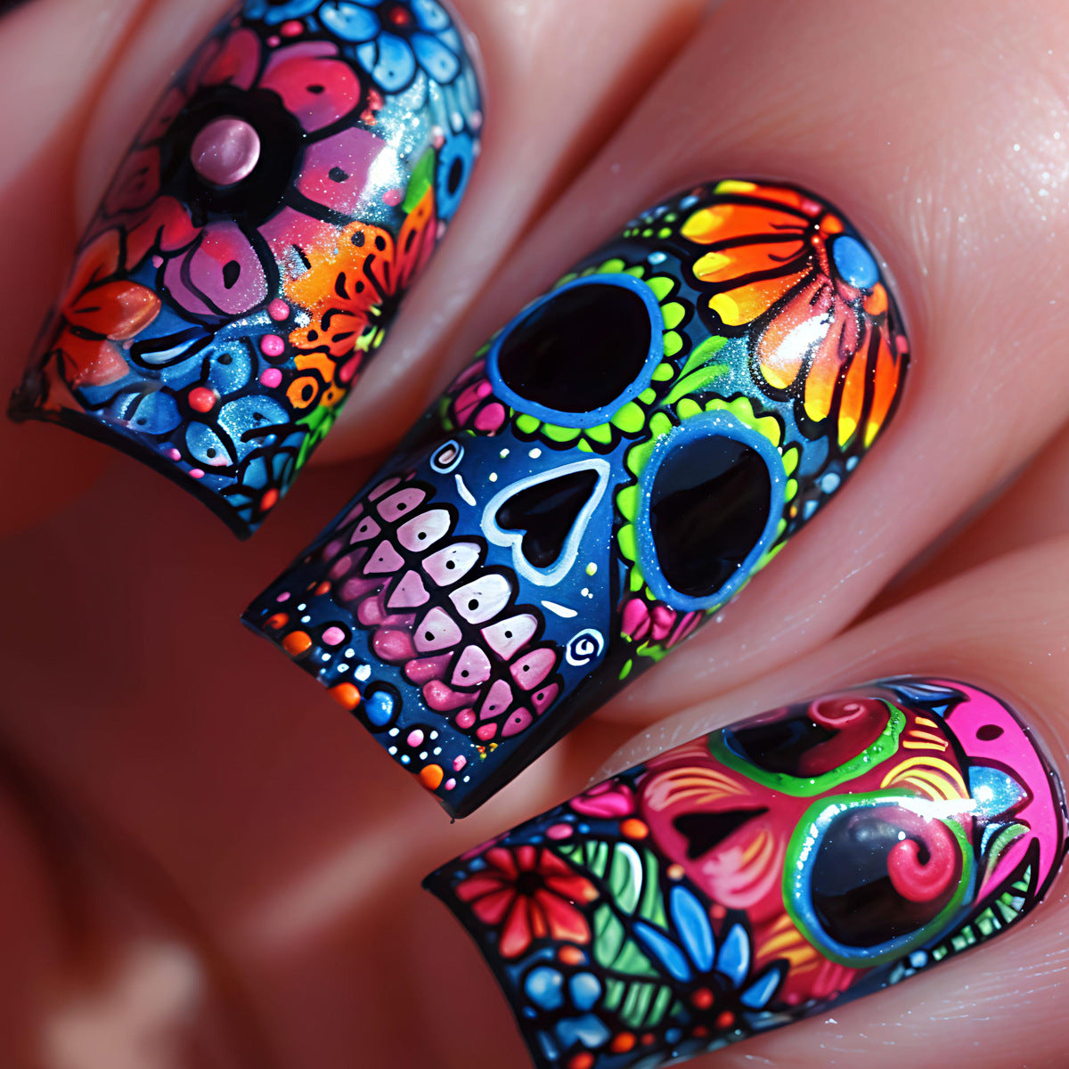 Kunstnagelset mit Lebhaftem Totenschädel-Design Brehn