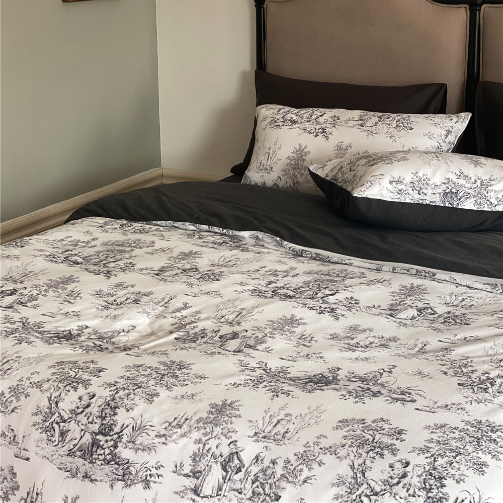 Luxus Toile Baumwolle Duvet Cover Set mit Rüscheneinfassung und Kissenbezügen