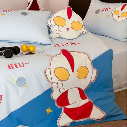 Kinder Cartoon Grafik Baumwoll-Satin Bettbezug Set mit Paspel Kissenbezügen