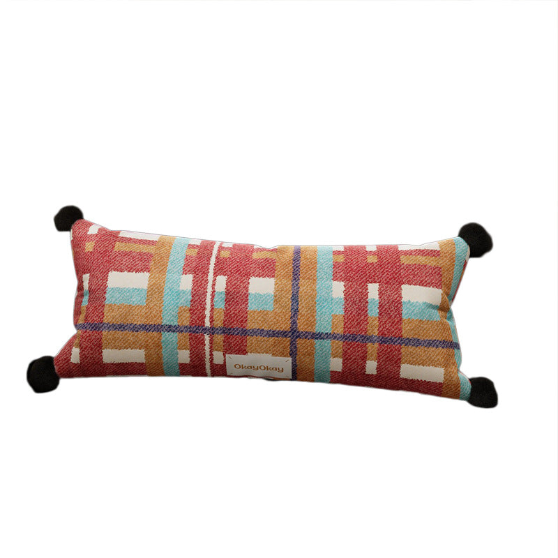 Rectangular Plaid Pom-Pom Lumbar Pillow Cover