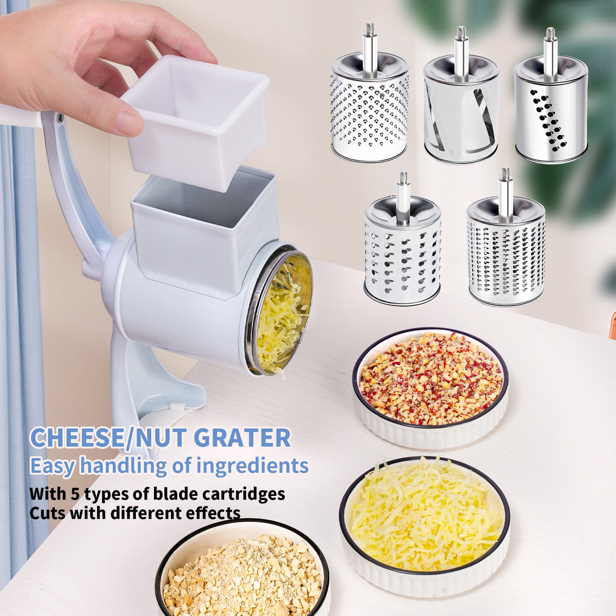 Manual Rotary Nut Grinder with Dual Stainless-Steel Drum Blades and Clamp
