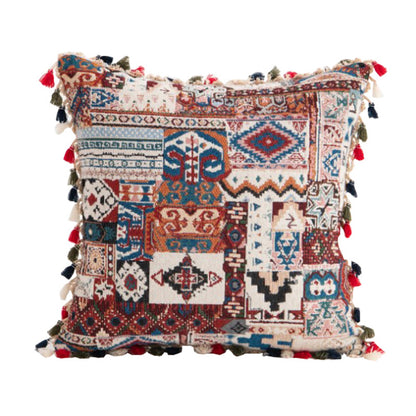 Dekorativer Bohemian Patchwork Wandteppich Wurfkissenbezug mit Pompon-Fransenverzierung