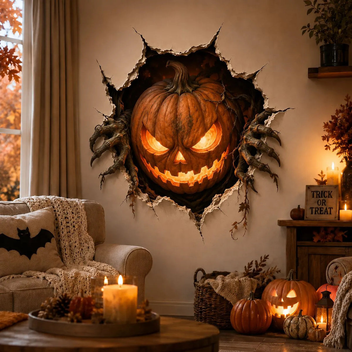 Dreidimensionaler Halloween-Wandsticker Hexe mit Loch-in-Wand-Effekt und Kürbislaterne