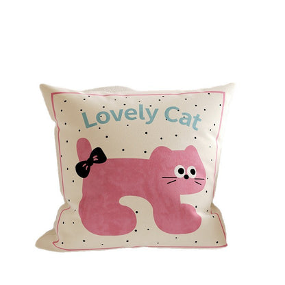 Square Decorative Throw Pillow Cover with Cute Cartoon Cat Illustration and Vertical Pink Stripe Linen-Blend