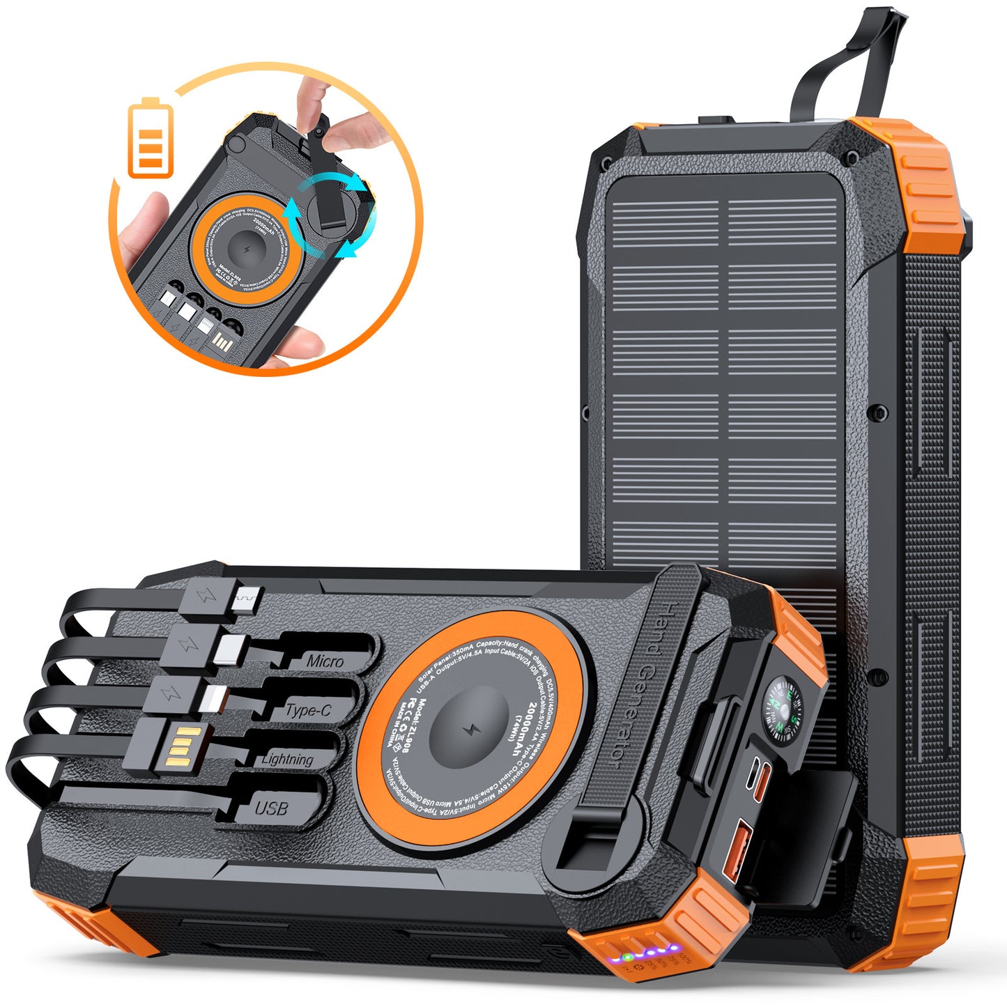 Multifunktionale Solar-Powerbank mit LED-Licht und Integriertem Ladekabel Brehn