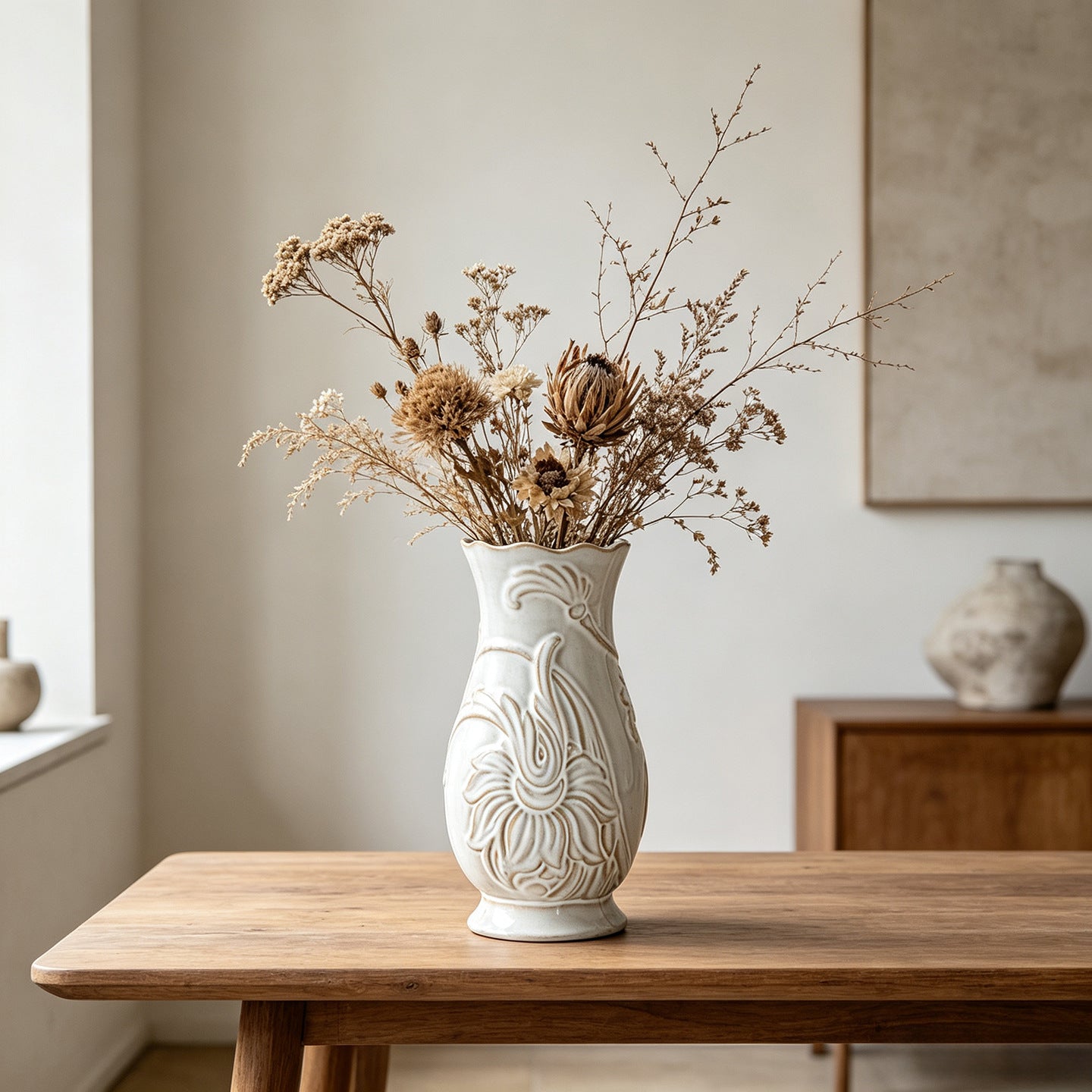 Gravierte Keramiktasten-Vase mit Wellenkante und floralem Relief