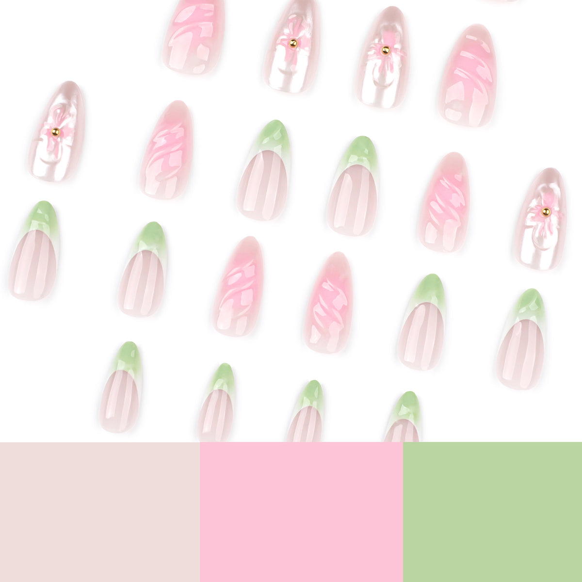 Kunstvolle Nagelverlängerungen mit floralem Design und glamourösen Akzenten Brehn