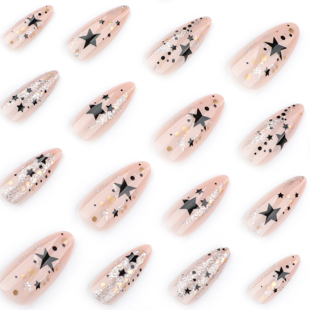 Kunstvolle Stiletto-Nägel mit Glitzer- und Sternenmotiv Brehn