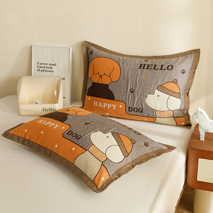 Kinder- und Jugend-Kissenbezug-Set mit niedlichem Haustiermotiv, Herz-Print und Knopfverschluss