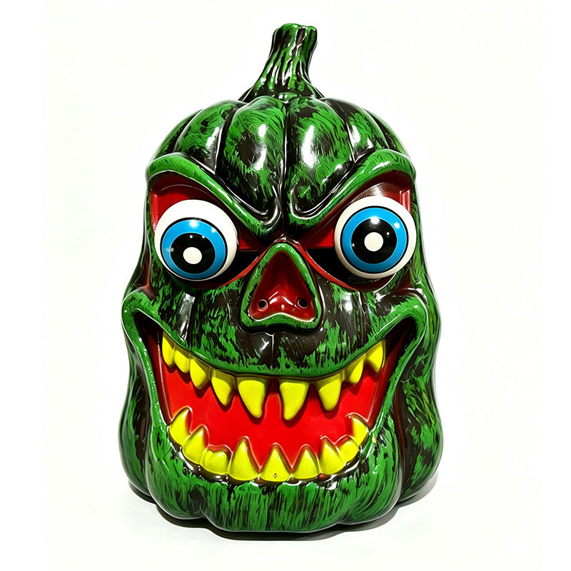 Gruselige Halloween-Kürbis-Dekorfigur mit Süßigkeitenfach, LED-Augen und markantem Gruselgesicht