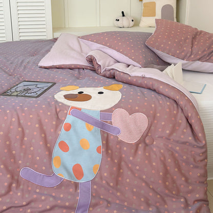 Kinder-Steppbett-Garnitur mit appliziertem Hunde-Motiv und Tupfenmuster