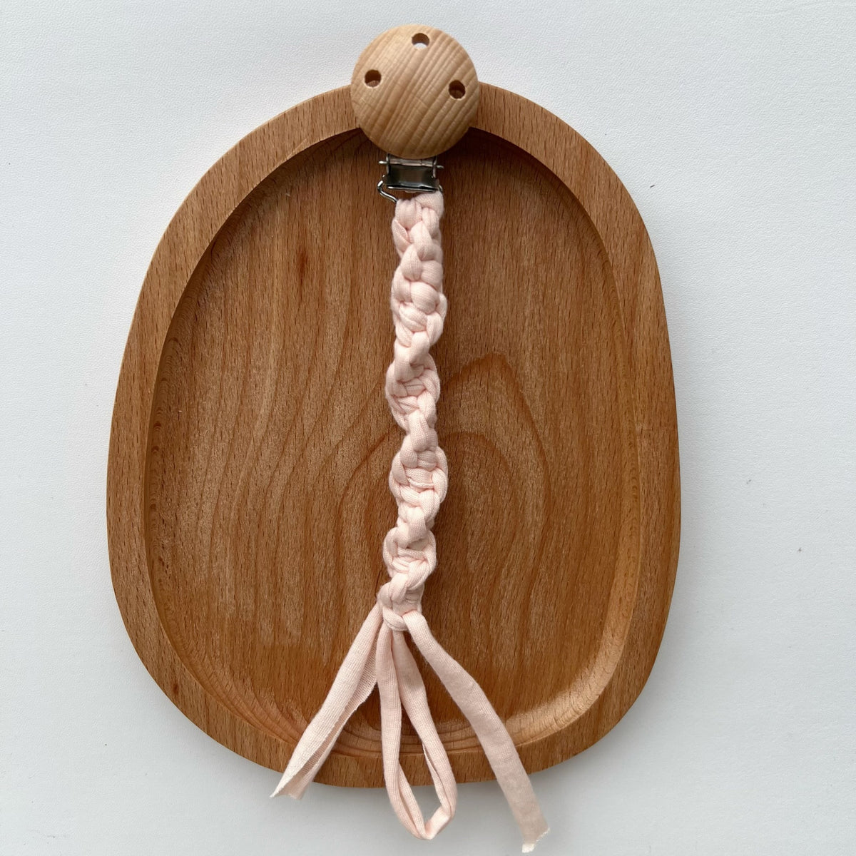 Geflochtene Baumwoll-Schnullerkette mit Holzsicherheitsklemme