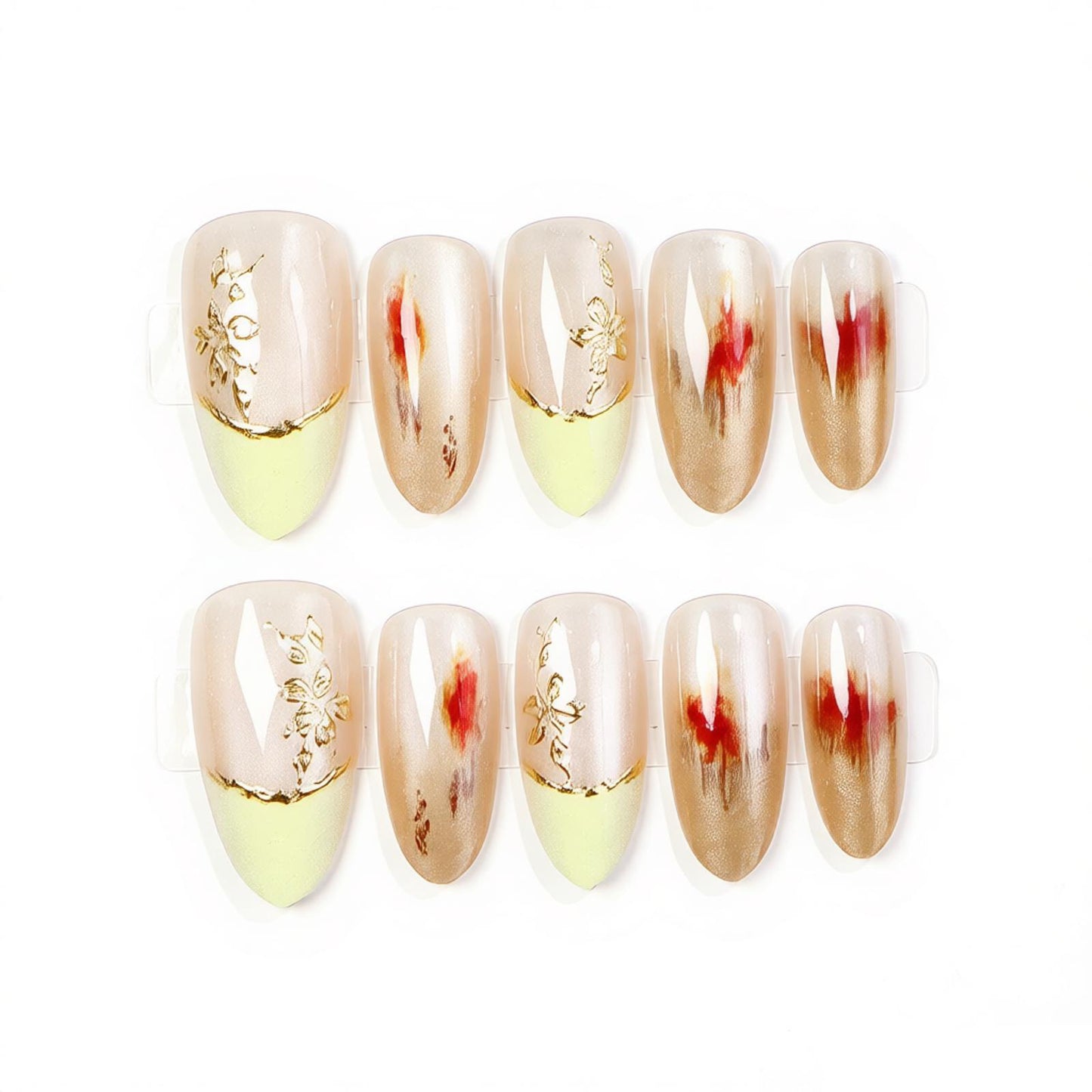 Elegantes Press-On-Nagel-Set mit floralen goldenen Akzenten Brehn