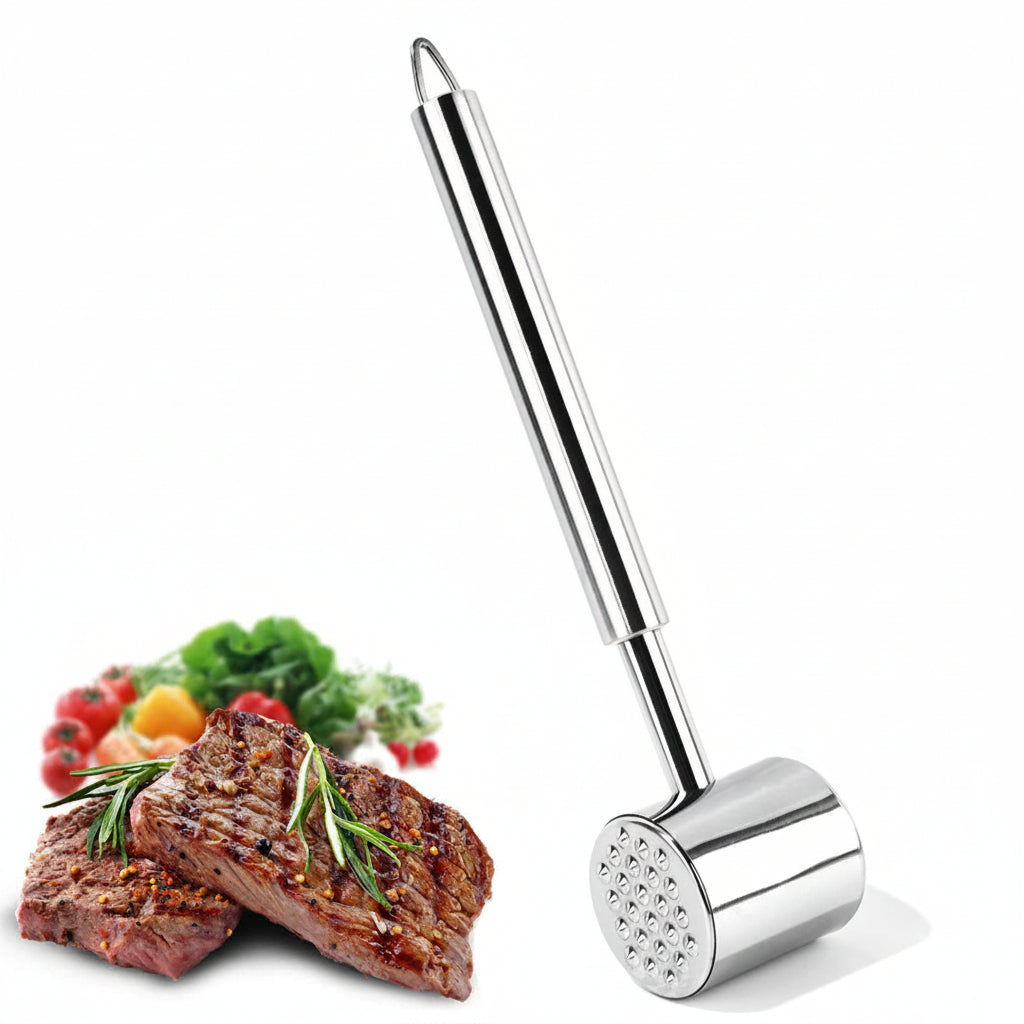 Rostfreier Edelstahl Fleischklopfer mit Gezahnter Schlagfläche, Langem Ergonomischem Griff und Aufhängeöse Brehn