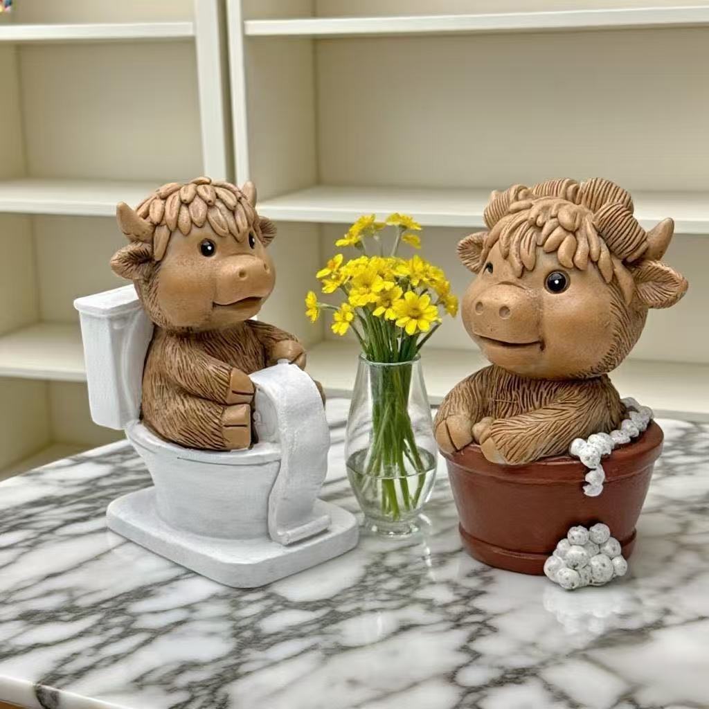 Lustige Dekofigur eines Hochlandrinds auf Toilette Brehn