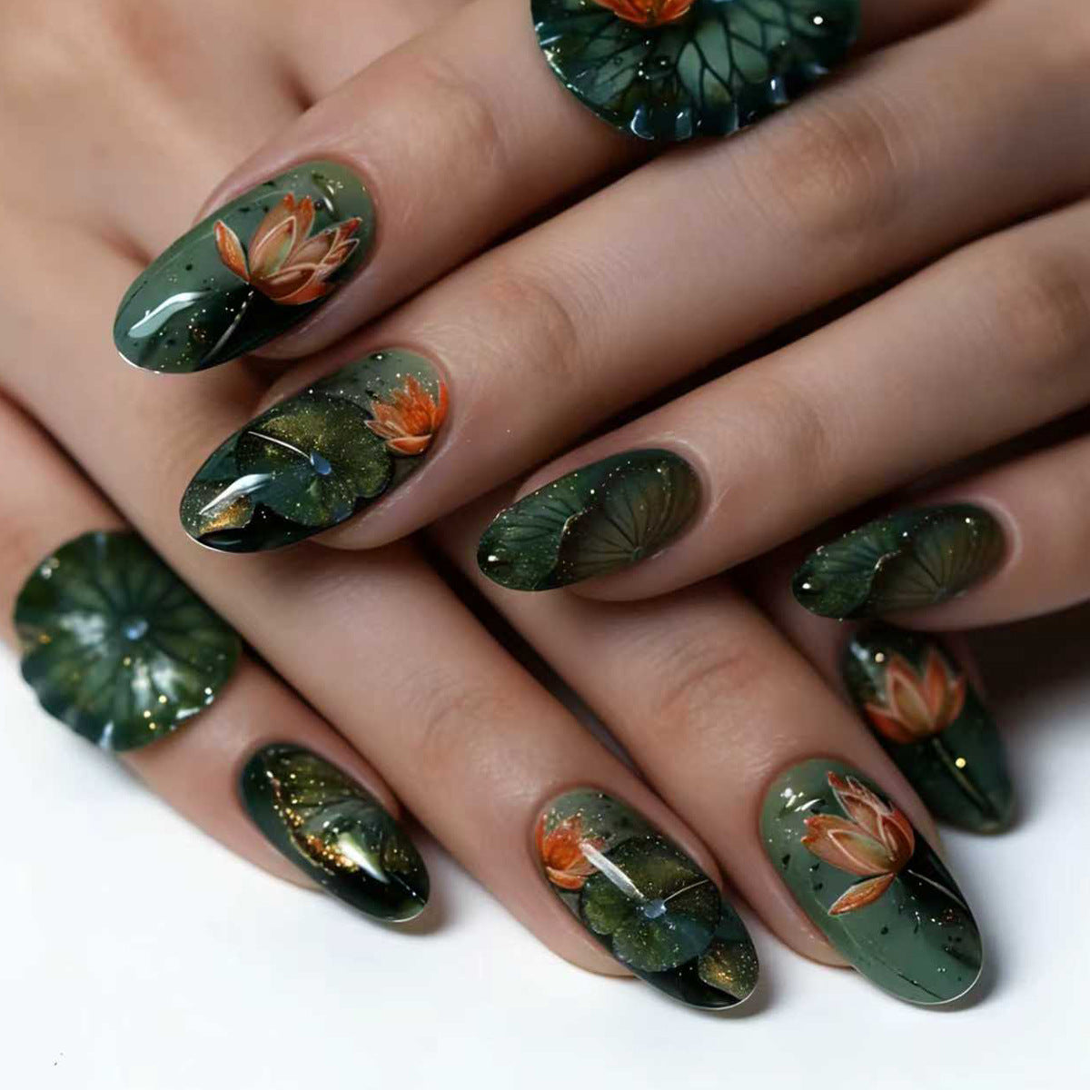 Künstliche Kunstnägel mit Elegantem Wasserlilien-Design Brehn