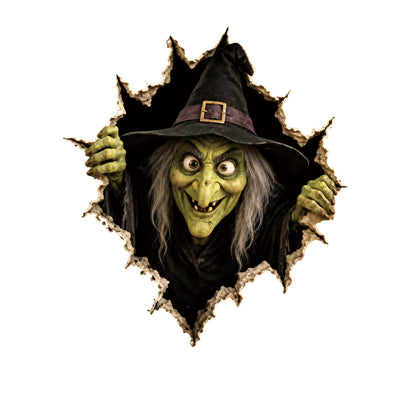 Realistisches 3D Wandtattoo Halloween‑Hexe mit durchbrechender Wand und Süßigkeiten