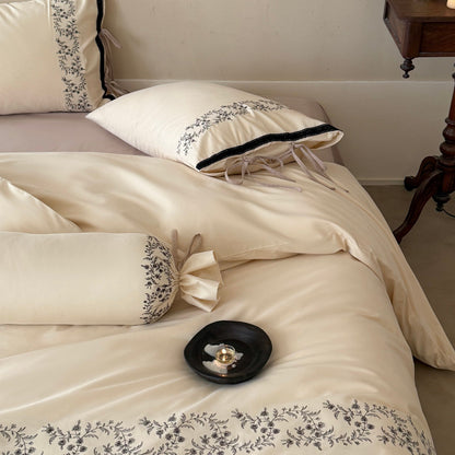 Bestickte Baumwollsatin Bettbezug Set mit Schlaufen-Kissenbezug und dekorativem Bolster