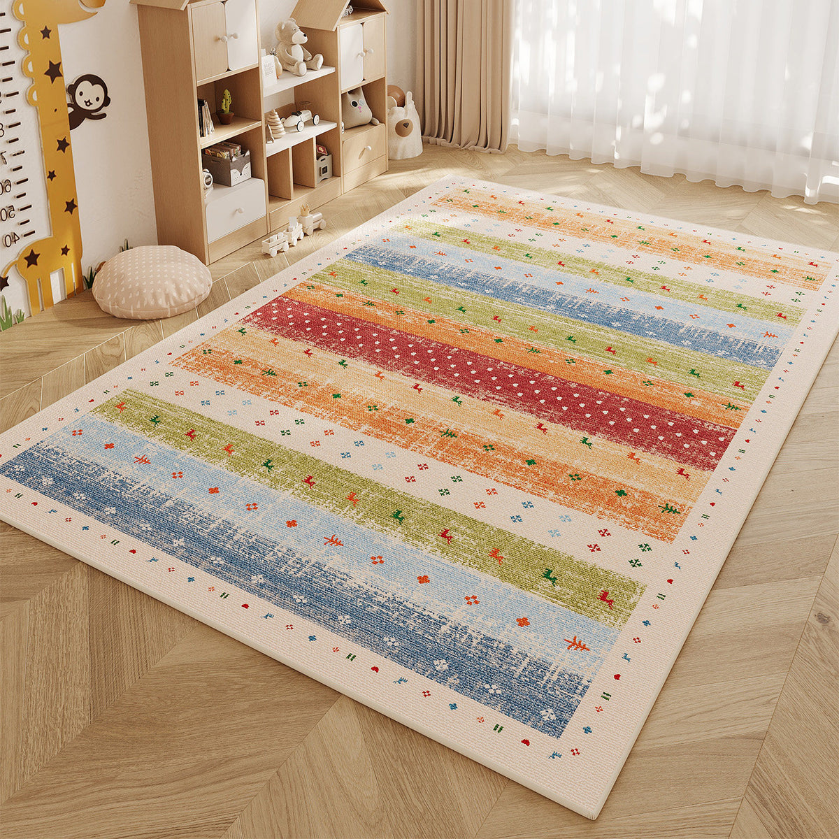 Low-Pile Kids' Playroom Area Rug with Colorful Patchwork Border