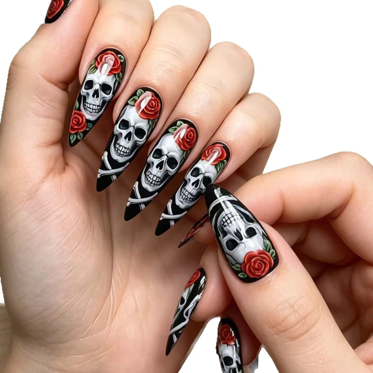 Kunstnägel mit Kreativem Totenkopf- und Rosenmotiv Brehn