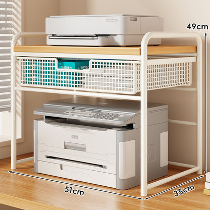 Zwei-Tier Metall- und Holzdruckerstand mit schiebbarer Mesh-Schublade und Unterregal-Speicher