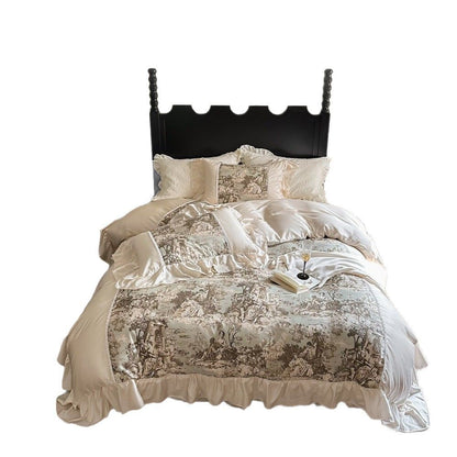 Luxuriöses Satin-Bettwäscheset mit Toile‑Motiv, Volant und Spitzenbesatz