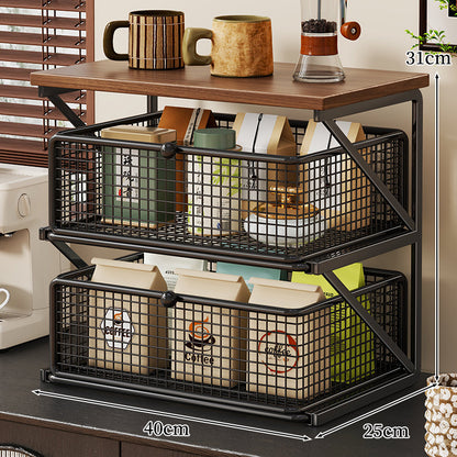 Küchenarbeitsplatte Kaffee Station Organizer mit Holzoberfläche und Metalldrahtkorb