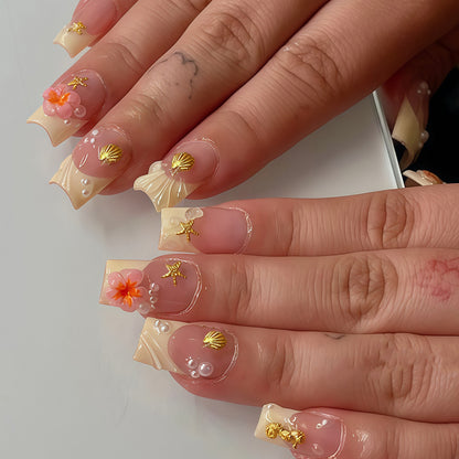 Tropische Muschel- und Blumen-Press-On-Nagelkunst Brehn