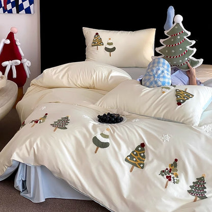 Bestickte Weihnachtsbaum Baumwollsatin Bettbezug Set