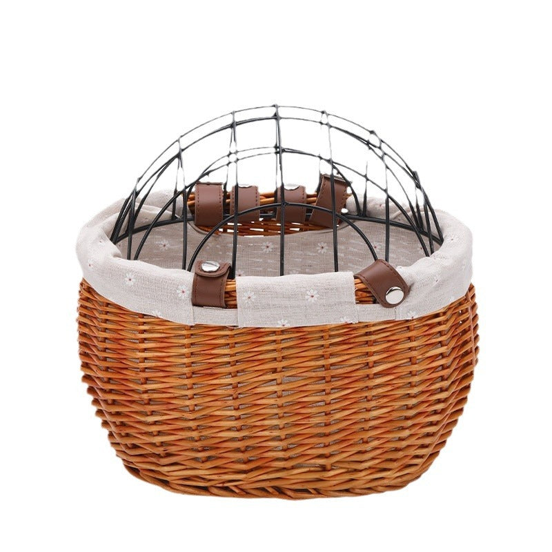 gewebter Rattan-Tiertragekorb mit abnehmbarem Leinenfutter und faltbarem metallischem Sicherheitsdome Brehn