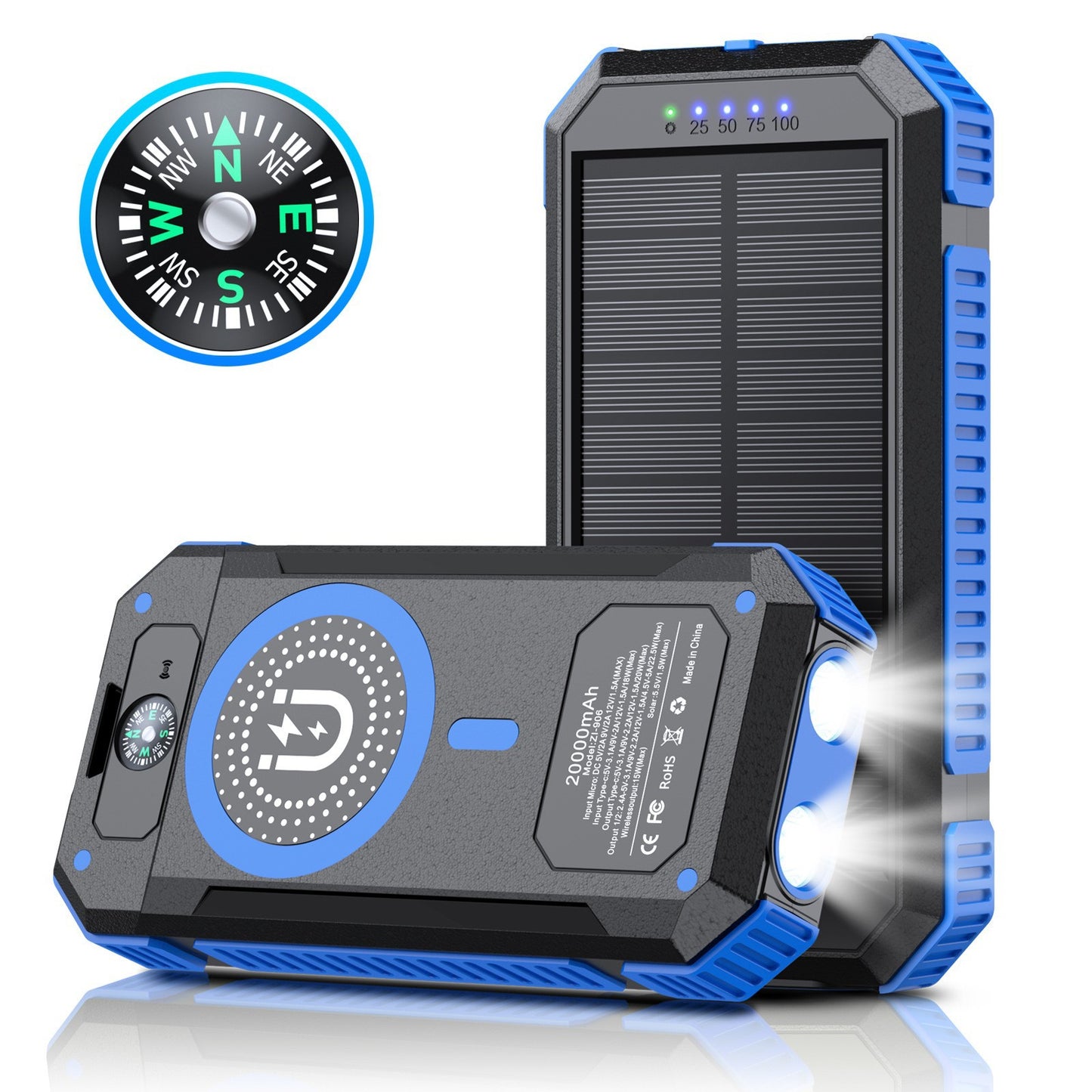 Tragbare Solar Powerbank mit LED-Licht und Kompass Brehn